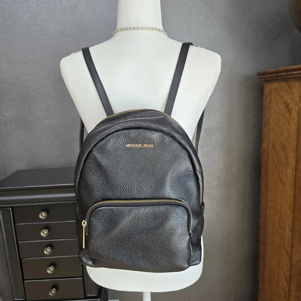 Michael Kors Black Pebbled Leather Backpack with Gold Hardware